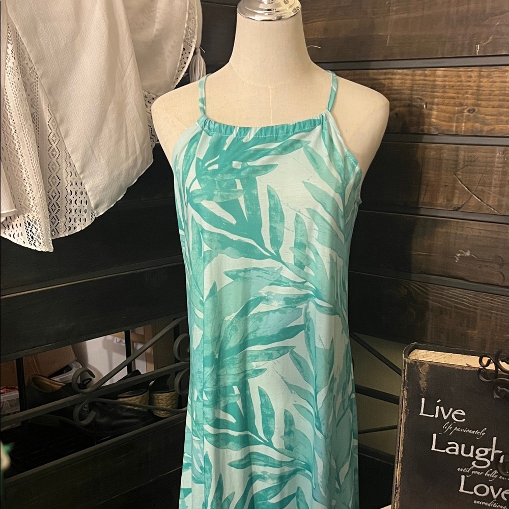 Women’s Tropical Leaf Halter Maxi Dress — Aqua
